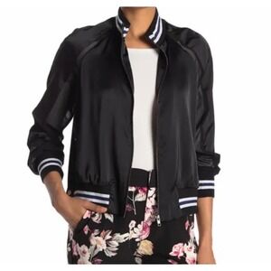 Rachel Rachel Roy Black Satin Bomber Jacket Striped Ribbed Collar Cuffs Size L